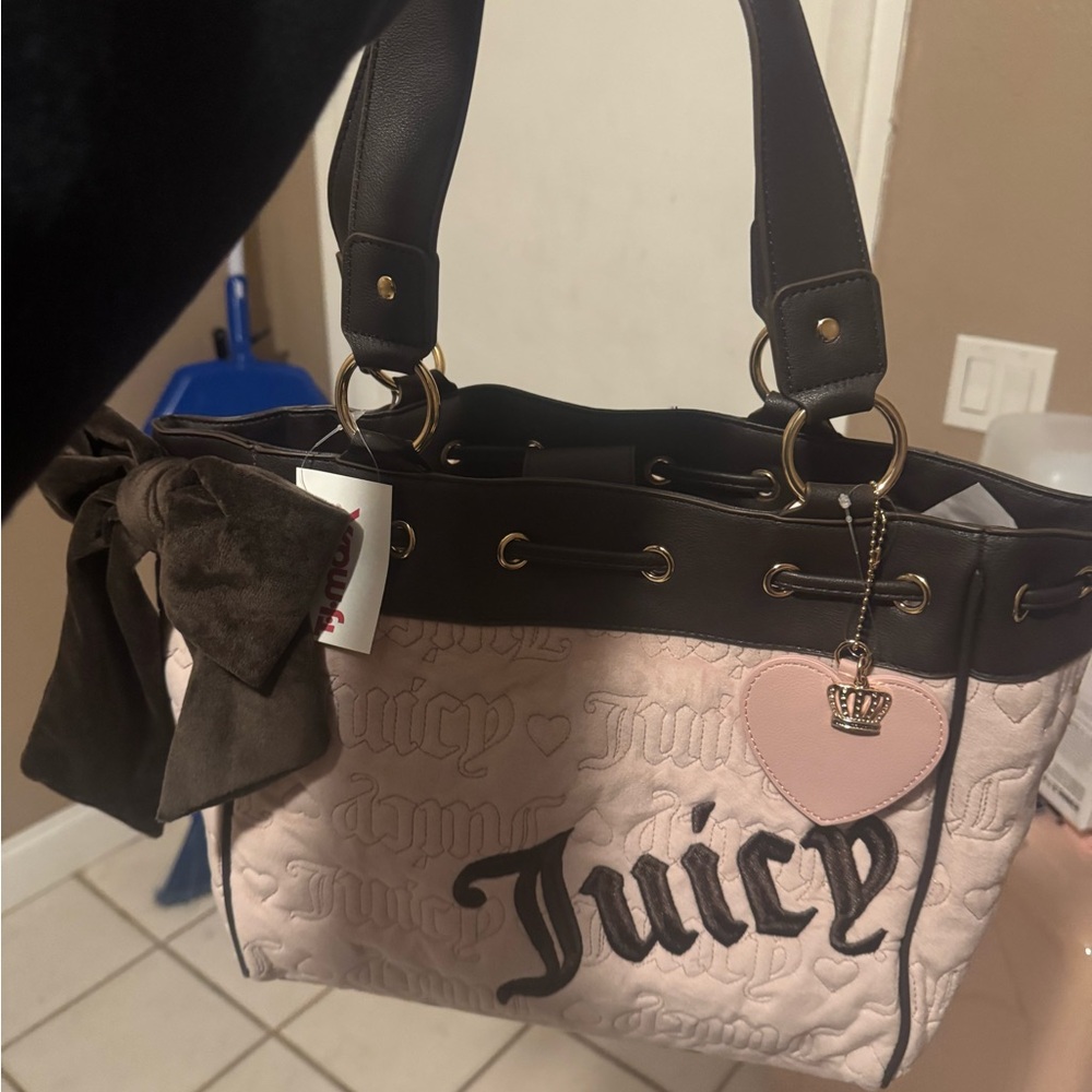 Juicy Couture Pink and Brown Quilted Logo Tote with Heart Charm daydreamer bag